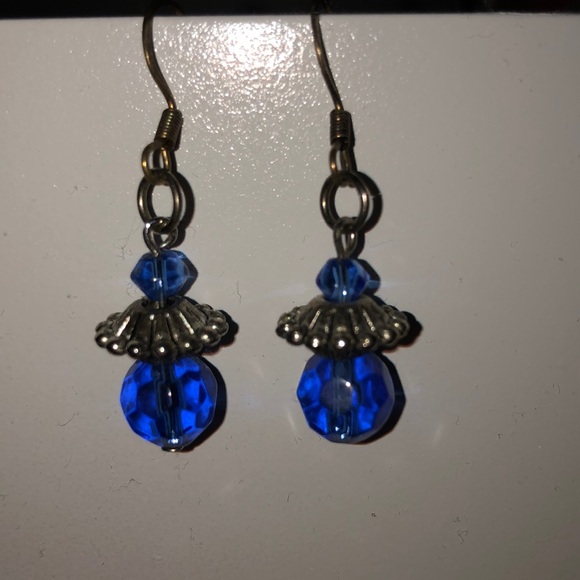 Handmade silver & sapphire blue crystal dangle earrings w/ fish hook back - Picture 3 of 6